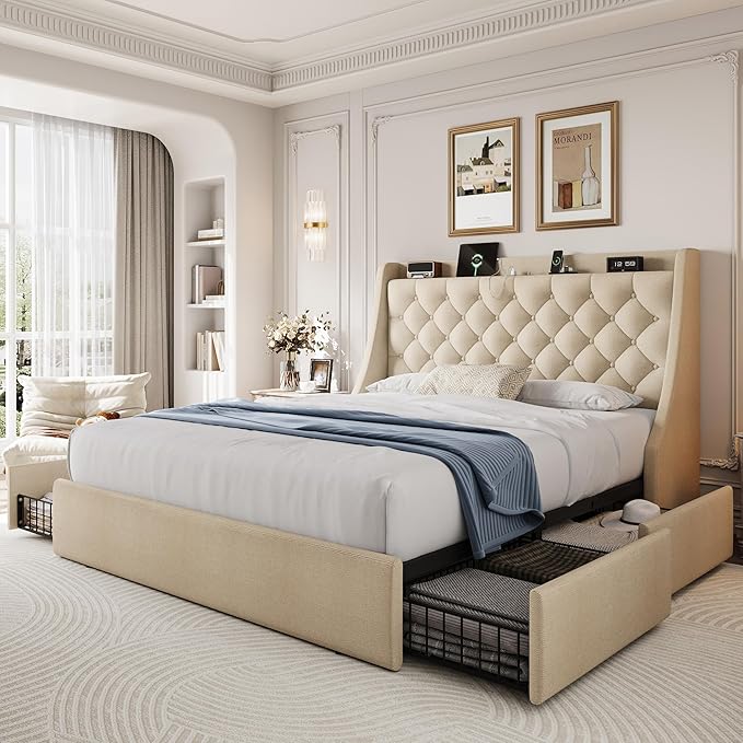 Queen Size Upholstered Platform Bed Frame with 4 Storage Drawers and Charging Station, Linen Button Tufted Wingback Headboard, Sturdy Wooden Support Slats, No Box Spring Needed, Beige