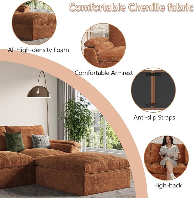 EASE MOOSE Boneless Modular Cloud Couch, Oversized L-Shaped Sectional Sofa for Living Room with Ottoman, Extra Large Movable Couches, 6-Deep-Seat Sofas for Bedroom, Apartment, Chenille (Brown)