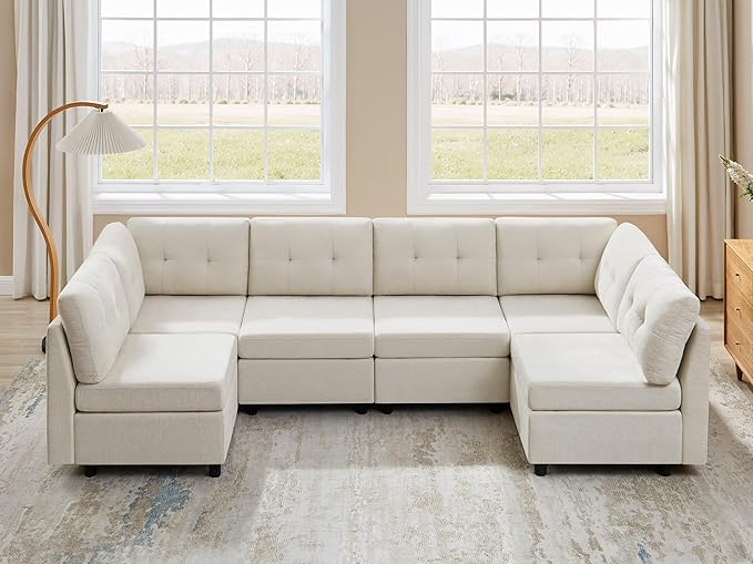 VANOMi 6 Seat Sectional Couches for Living Room, 118" Convertible Modular Cloud Sofa, Comfy Chenille Sofas & Couches for Living Room, Apartment, Office, Beige, L/U Shaped