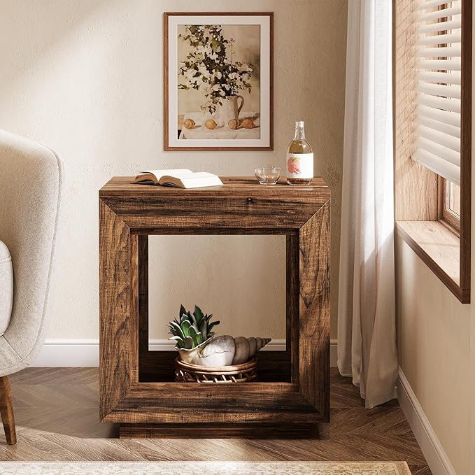 Tribesigns Rustic Brown End Table, 24" Side Table with Storage Shelf, Farmhouse Style Nightstand Bedside Table for Small Spaces, Bedroom, Living Room, Entryway, Easy Assembly (2, Brown)