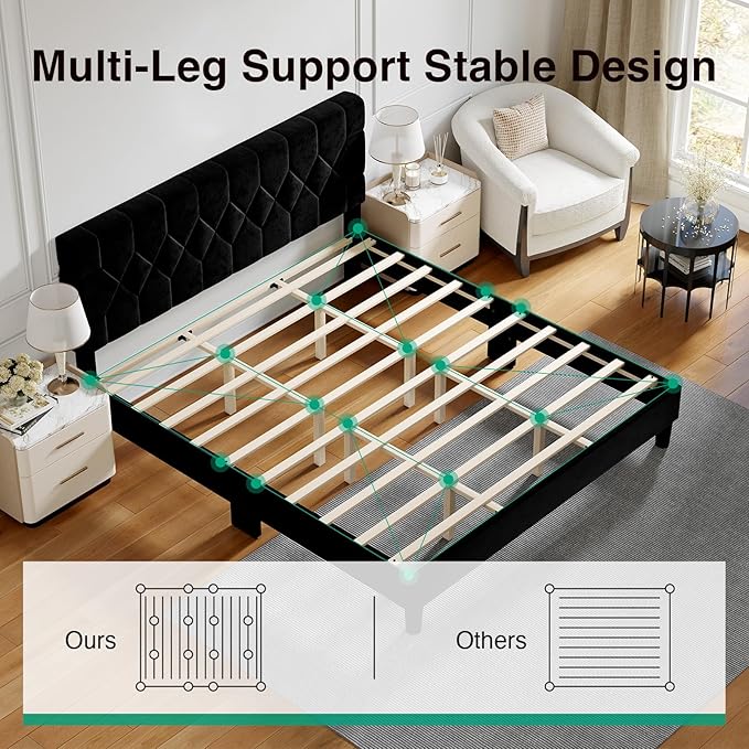 Novilla King Size Bed Frame, King Bed Frame and Headboard, Velvet Upholstered Pull-Point Bed Frames, No Box Spring Needed, Heavy Duty Feet, Easy Assembly, Black Velvet