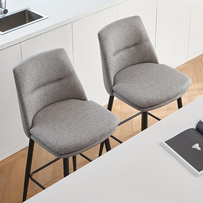 Grey Counter Height Bar Stools Set of 2, 26 Inch Seat Height with Back and Metal Legs, 360° Swivel Upholstered Fabric Swivel Bar Stools