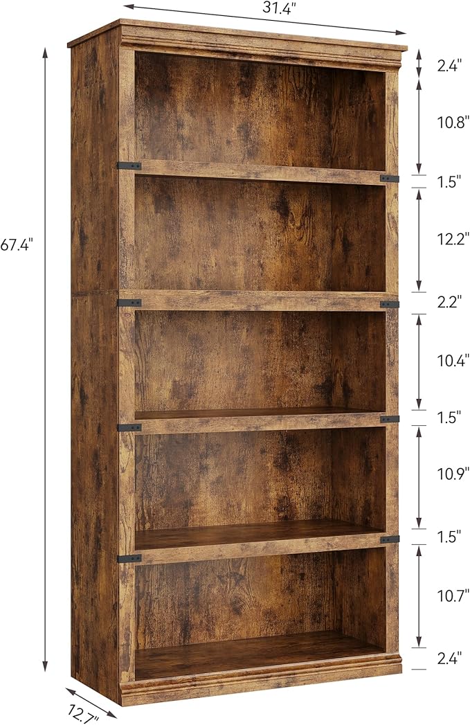 IDEALHOUSE 5 Tier Bookcase, Farmhouse Book Shelf with Storage, 71" Tall Book Case Wooden 5 Shelf Bookcase for Home Office, Living Room, Bed Room (Vintage, 67.4" H x 31.5" W x 12.8" D)
