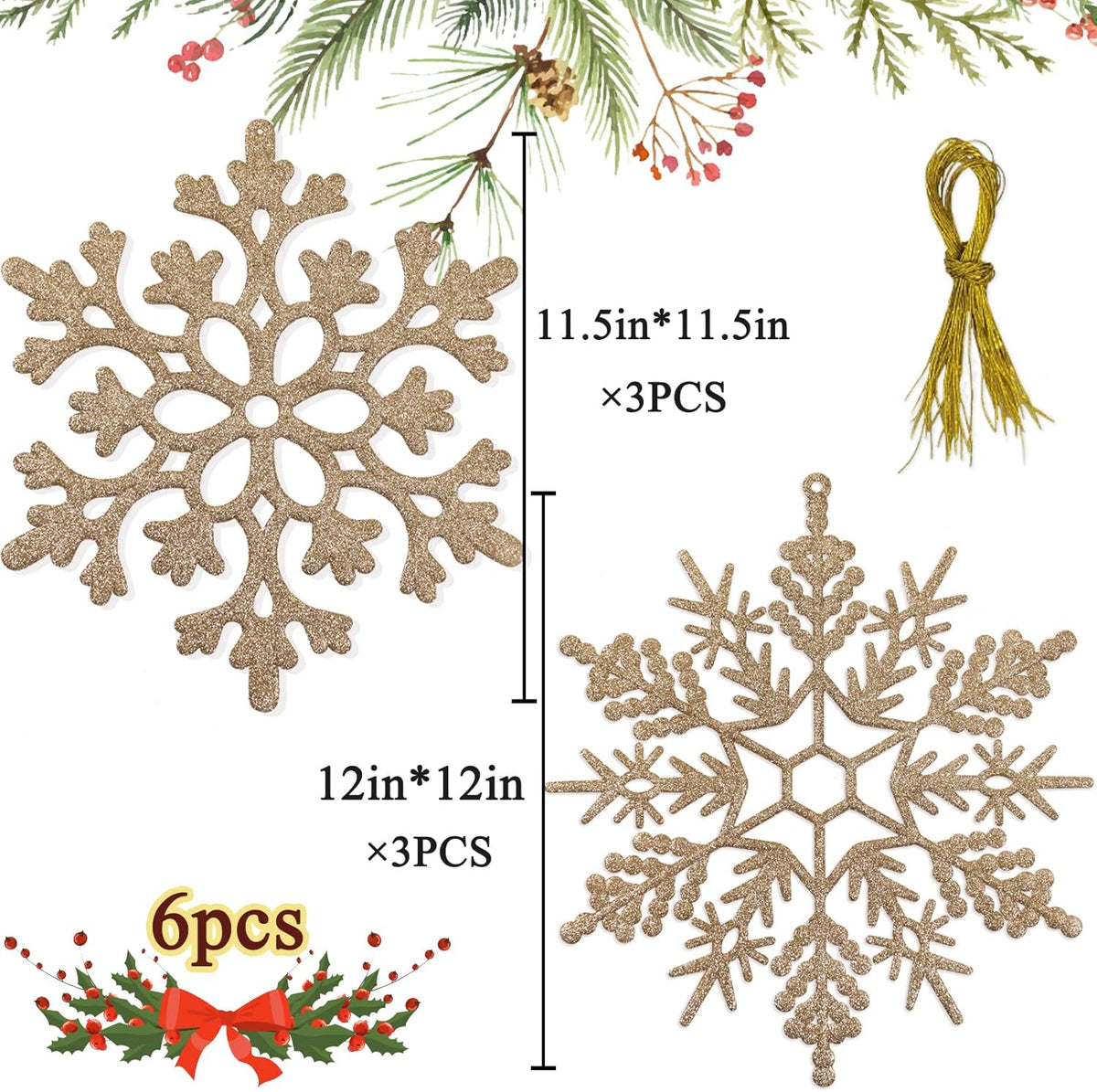 6pcs Large Champagne Gold Snowflakes Ornaments 12” Big Plastic Glitter Snowflake for Winter Indoor Outdoor Christmas Tree Window Room Decorations Giant Craft Snowflakes