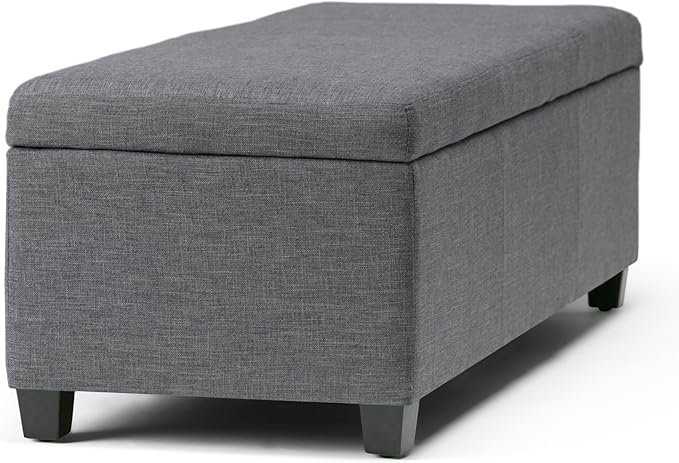 SIMPLIHOME Avalon Storage Ottoman Bench - 48 inch Wide Upholstered Linen Look Fabric Rectangular Lift-Top Ottoman in Slate Grey, Contemporary Storage Bench for Living Room with High-Density Foam