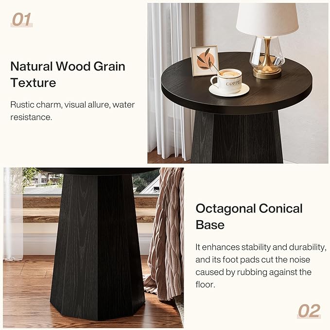 Tribesigns Farmhouse Round End Table Set of 2, Wooden Couch Side Table with Octagonal Base, Black Nightstand Pedestal Accent Furniture for Living Room, Bedroom (2)