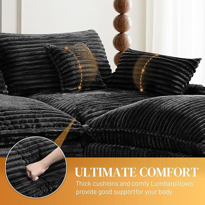 HYJT-H&K 145" U Shaped Cloud Couch Modular Dark Black Sectional Couches for Living Room, Comfy Fluffy Corduroy Oversized Cloud Sectional Couch Large 6 Seat Sectionals Sofa Set Central Console USB Port