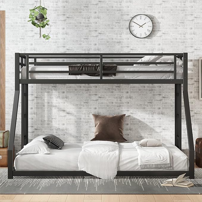 Twin XL Over Queen Bunk Bed Frame with Noise Reduced Design, Heavy Buty Floor Bunk Bed Twin XL Over Queen Bunk Beds with Build in Ladder for Adults, Teens(Black Floor Bunk Bed)