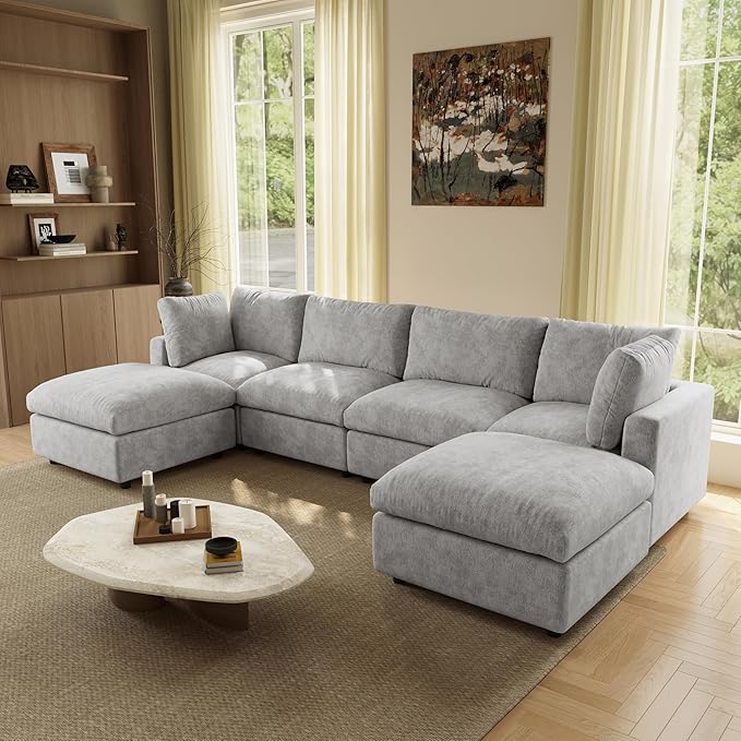 WJShome U Shaped Sectional Couch 134 Inch 4-Seater with 2 Ottoman Modern Modular Sofa,Chenille Deep Seat Couches for Living Room, Bedroom and Apartment，Gray