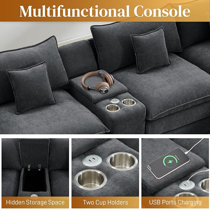 HYJT-H&K 145" U Shaped Cloud Couch Modular Black Sectional Couches for Living Room, Comfy Fluffy Chenille Oversized Cloud Sectional Couch Large 6 Seat Sectionals Sofa Set Central Console USB Port