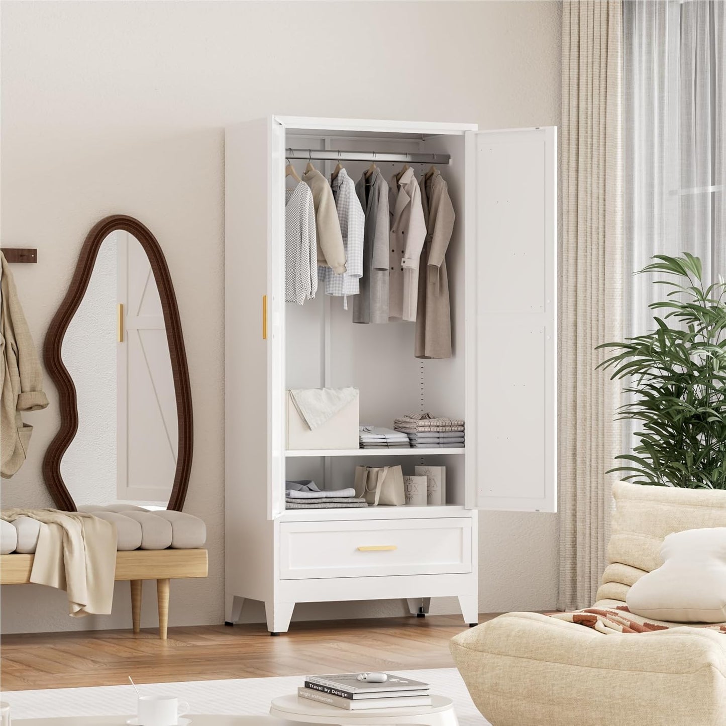 71'' Farmhouse Metal Wardrobe Cabinet with Hanging Rod, 2 Barn Door Wardrobe Closet with Adjustable Shelves,Drawer,for Dining Room,Bedroom,Living Room, Cloak Room,Office (White)