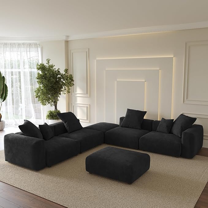 Oversized Modular Sectional Sofa with Ottomans,6 Seater Corduroy V Shaped Reversible Corner Couch,141.73" Convertible Sofa & Couch Free Combination for Living Rooom,Black