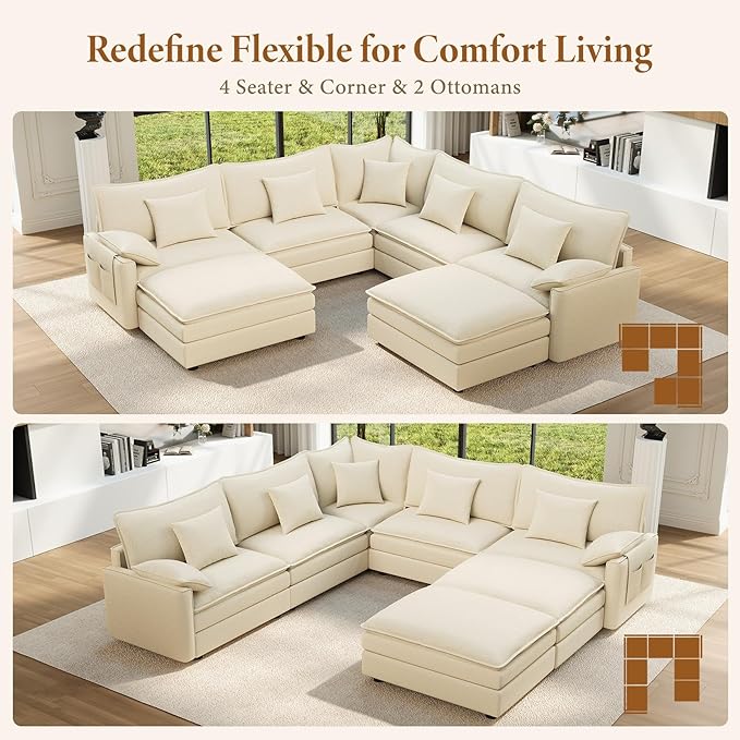 Vesgantti 108" V-Shaped Corner Couch Sectional, 7 Seat Customizable Modular Cloud Couches with Movable Ottoman, Chenille Deep Seat Sofa Set with Chaise for Living Room, Bedroom and Apartment, Beige