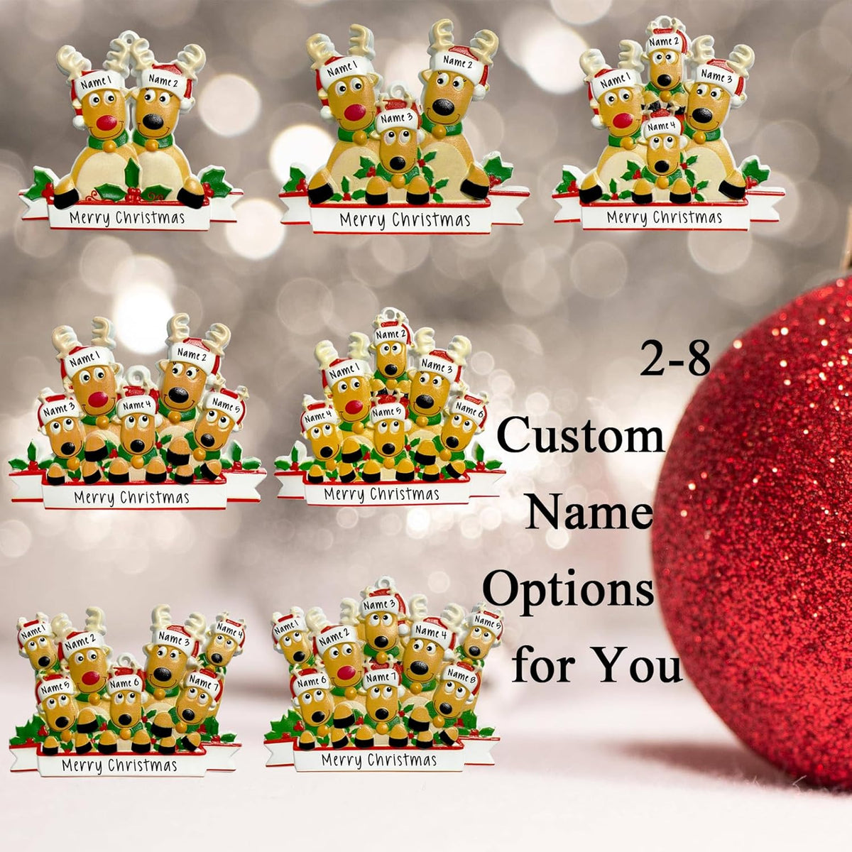 2025 Personalized Christmas Ornaments Family of 2/3/4/5/6/7/8,Custom Deer Christmas Ornaments Deorations with Names,Customized Xmas Ornament Tree Deorations,Personalized Xmas Ornament Gifts