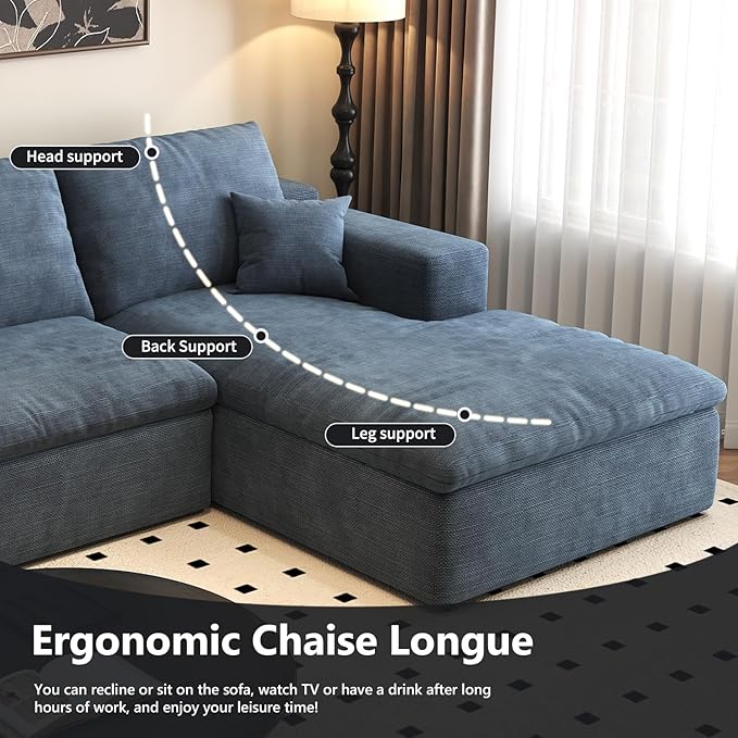 136.6'' U-Shaped Modern Modular Sectional Cloud Couch Whit Ottoman, 4-Seat Chenille Deep-Seat Sofa with Pillow for Living Room, Bedroom, Apartment, Ocean Blue