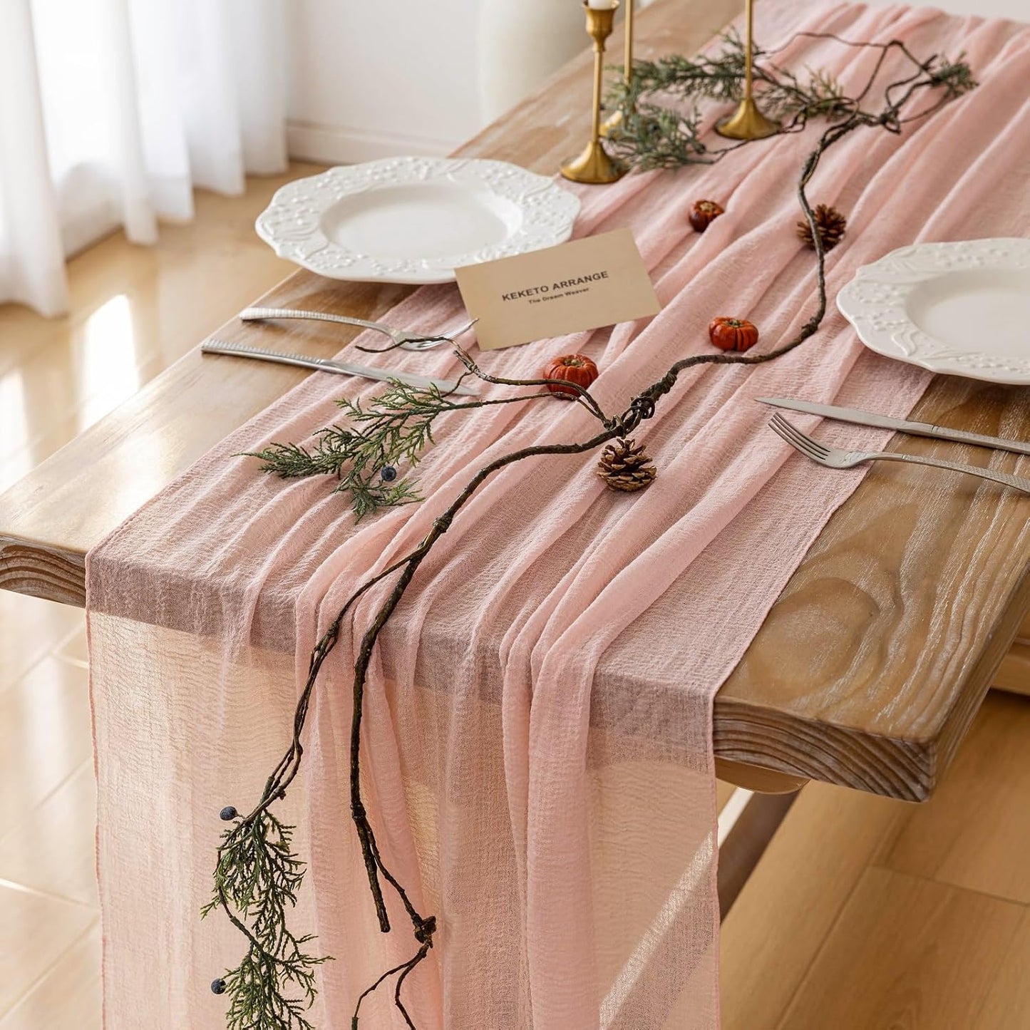 Keketo Pink Table Runner Cheese Cloth Rustic Gauze Cheesecloth Table Runner 120 Inch 10 FT for Wedding Baby Shower Bridal Shower Party Sheer Boho Home Tea Party Decorations
