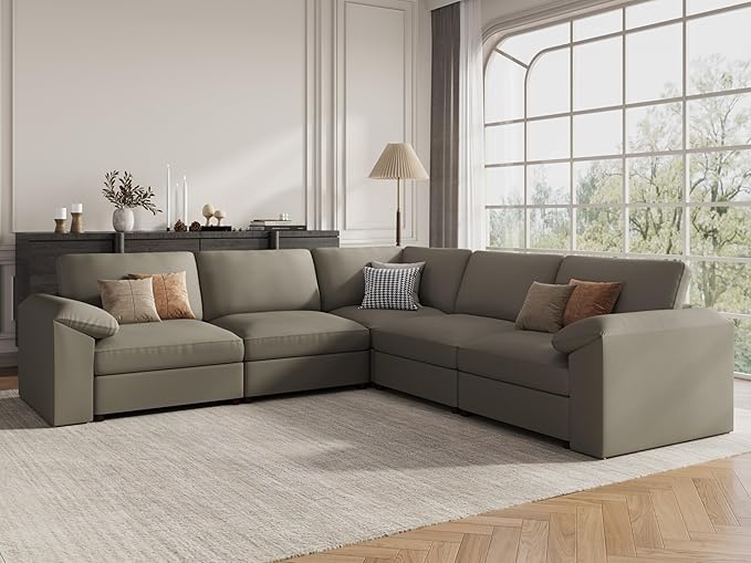 EASE MOOSE Oversized Corner Modular Sectional Sofa, Faux Leather Sectional Sofa with Deep Seat, Scratch Resistant Faux Leather Material, Extra Large L Shaped Couch, Light Grey
