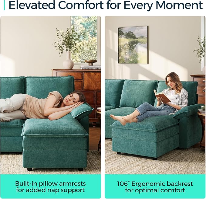 LINSY HOME Modular Cloud Couch, 113" L Shaped Sectional Sofa with Double Layer Cushions and Ottoman, Chenille 4 Seater Sofa Set for Living Room, Apartment, Green