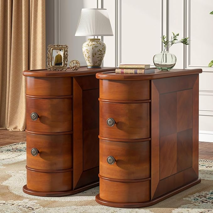 Tribesigns Wood End Table Set of 2, Narrow Solid Side Table 2-Drawer Slim Chair Side Table, No Assembly Required, Finished Back