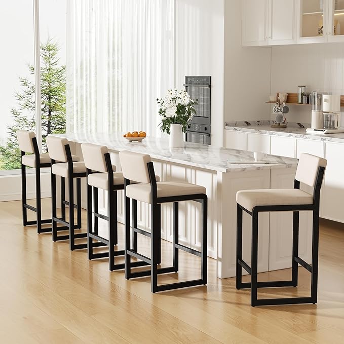 Bar Stools Set of 3, Fabric Counter Height Bar Stools with High Back and Metal Legs, Upholstered Bar Chairs, 26 in Height Modern Barstools for Kitchen Island, Camel