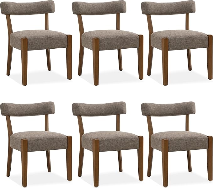 Modern Dining Chairs Set of 6, Walnut Upholstered Kitchen & Dining Room Chairs, Mid Century Wooden Dining Chairs Oversized Sturdy Fabric Rounded Chairs Curved Back, Tan Brown