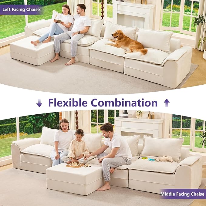 Hobestluk Cloud Modular Sectional Couch 4-Seater Sofa with Ottoman L Shaped Couch Deep Seat Sofa with Removable Cover Large Sofa for Living Room (Beige, 4-Seater Sofa with One Ottoman)