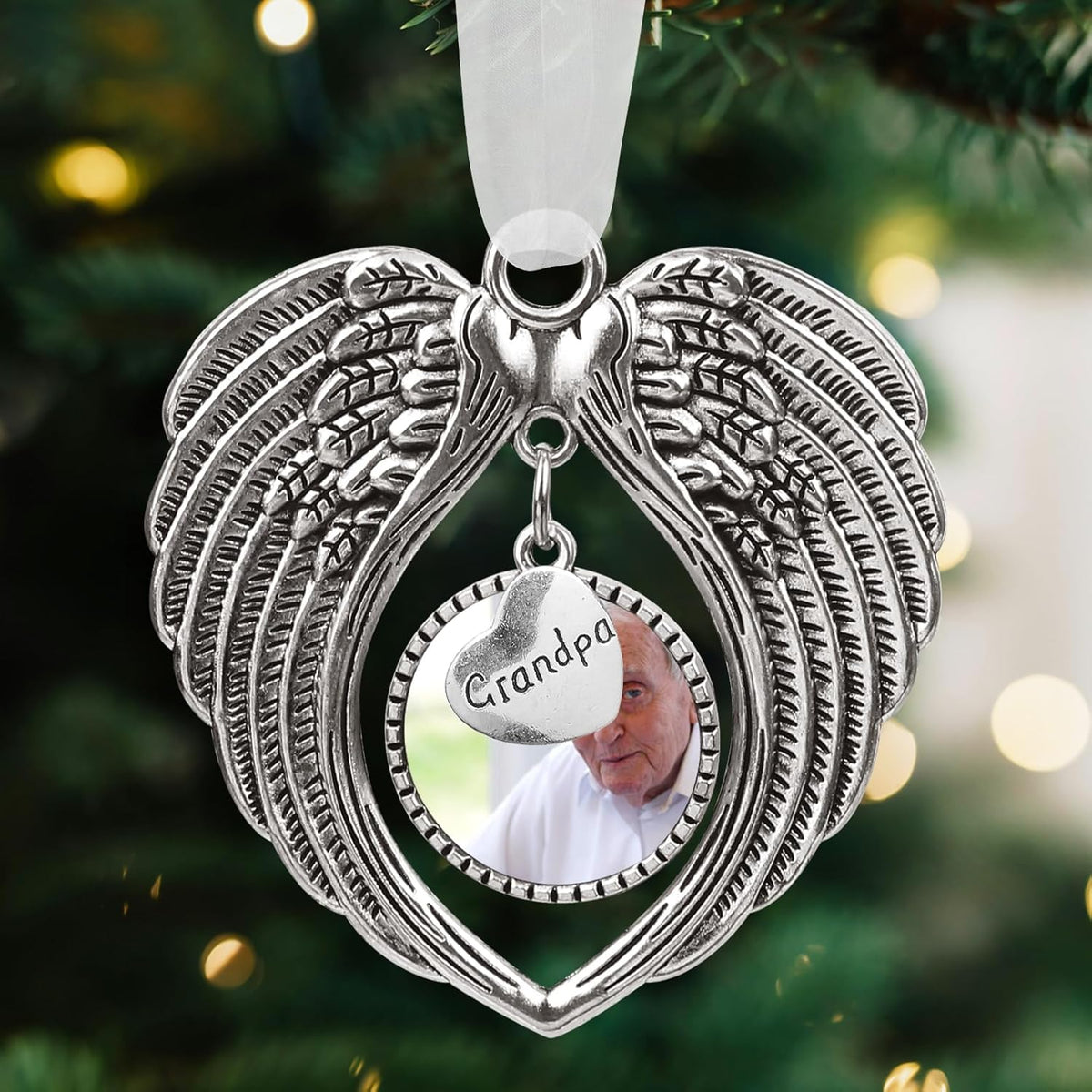 Christmas Ornaments Angel Wings with Custom Photo Frame for Loss of Loved One Remembrance Keepsake with Silk Ribbon & Red Gift Box