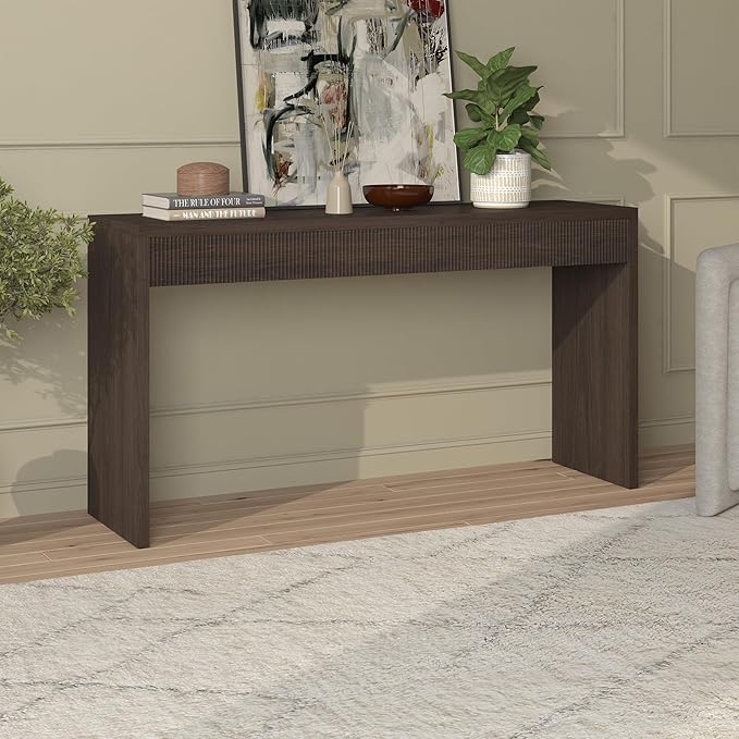 Henn&Hart 55'' Wooden Rectangular Fluted Console Table Entryway Table, Sofa Table for Entryway, Living Room, Couch, Hallway, or Office, Alder Brown