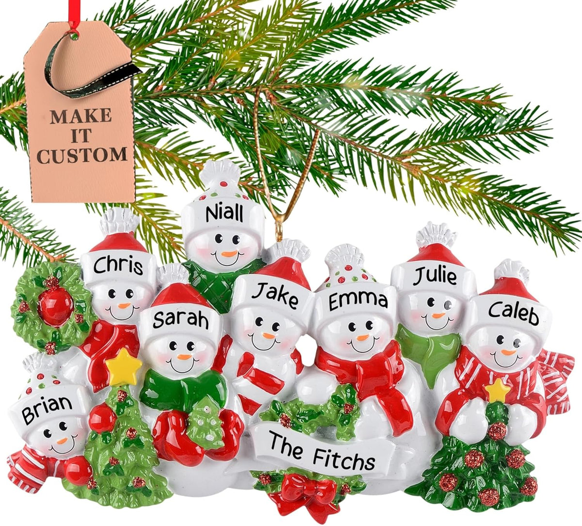 Personalized Large Family of 8 Ornament 2025 | Free 24h Customization | Laser Engraved Snowman Christmas Ornaments for Tree | Custom Gift Wrapped Festive Holiday Keepsake for Eight Persons