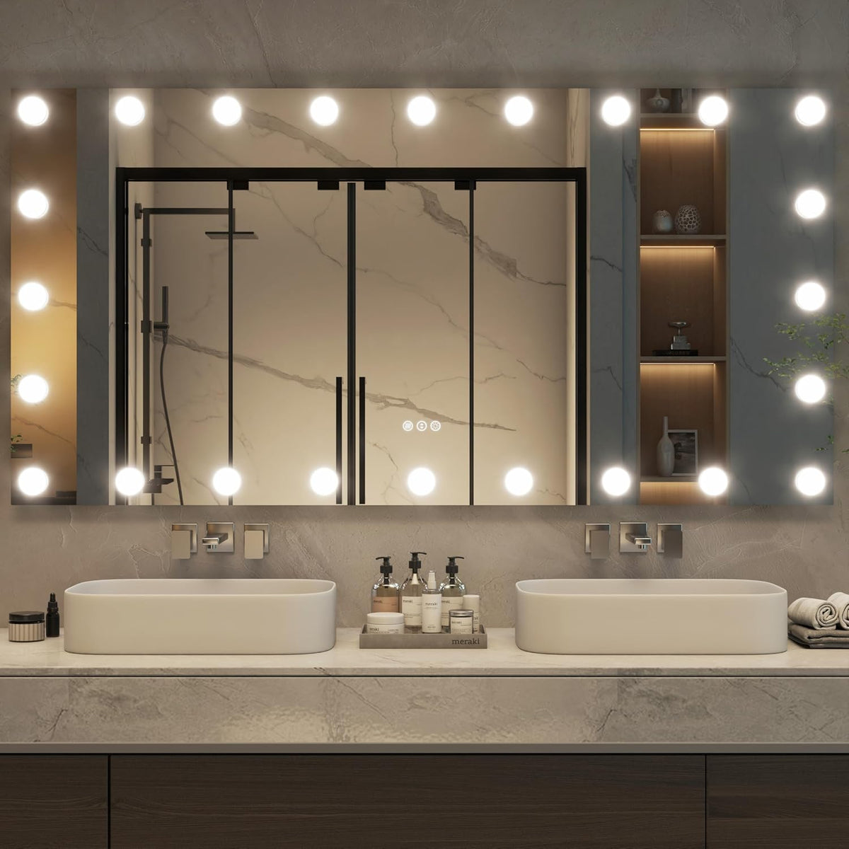 Hasipu LED Bathroom Mirror with Lights, 59" x 30" Hollywood Wall-Mounted Bathroom Mirror with 24 Dimmable Bulbs, 3 Colors Modes, Touch Control, Anti-Fog, Memory Function, Shatter-Proof, ETL Listed