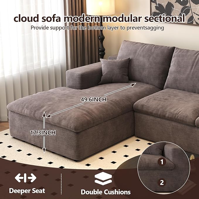 107'' L-Shaped Modern Modular Sectional Cloud Couch, 4-Seat Chenille Deep-Seat Sofa with Pillow for Living Room, Bedroom, Apartment, Camel