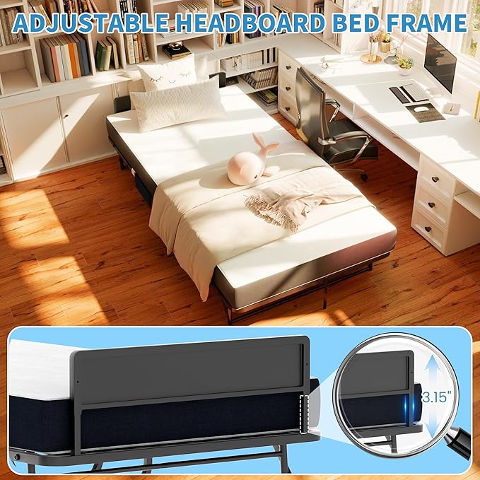 Folding Bed with Mattress for Adults, 75" x 31" Foldable Bed with Headboard and Side Pocket, Twin Size Metal Bed Frame with Wheels, Portable Rollaway Bed for Guest, Travel