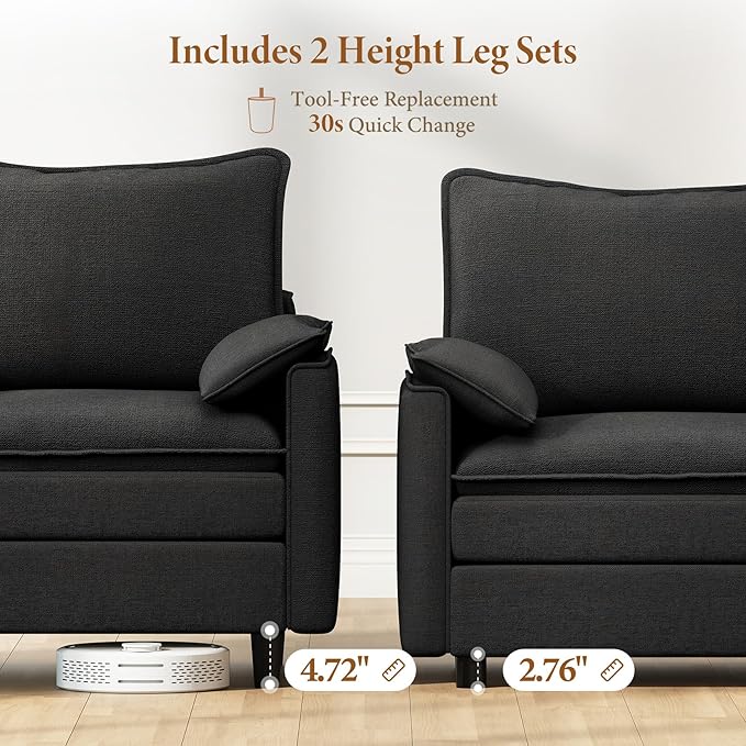 Vesgantti 142" Oversized Sectional Sofa Bed, 8-Seater Modular Sleeper Cloud Couch with Movable Ottoman, Chenille Convertible Sofa Set Deep Seat Couches for Living Room, Bedroom and Apartment, Black