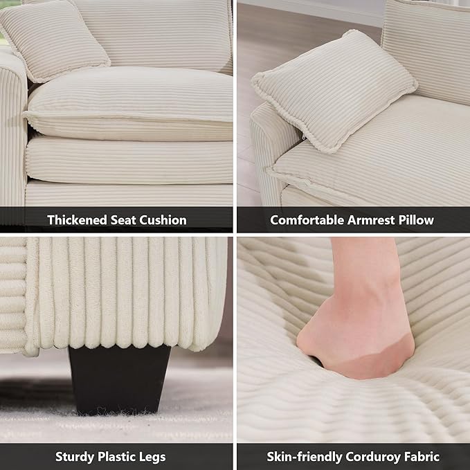 mikibama Luxury 2 Piece Sofa Set, 2 Pieces of Loveseat Couch, Modern Corduroy Comfy Cloud Couches Set for Living Room Office with 4 Armrest Pillows and 4 Toss Pillows, Beige