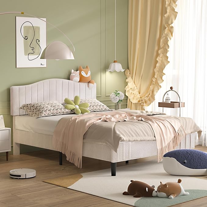 VECELO Queen Size Bed Frame Upholstered Platform Beds with Height-Adjustable Teddy Fabric Headboard, Strong Wood Slats 7.9'' Under Bed Storage Space Noise-Free No Box Spring Needed, Cream