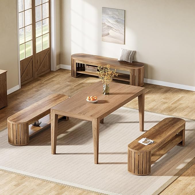 Tribesigns 63" Wooden Dining Bench, Farmhouse Entryway Bench with Arc Vertical Slat Splicing Legs, Kitchen Dining Seat for Dining Room, Living Room, Home Office, Easy Assembly (Brown)