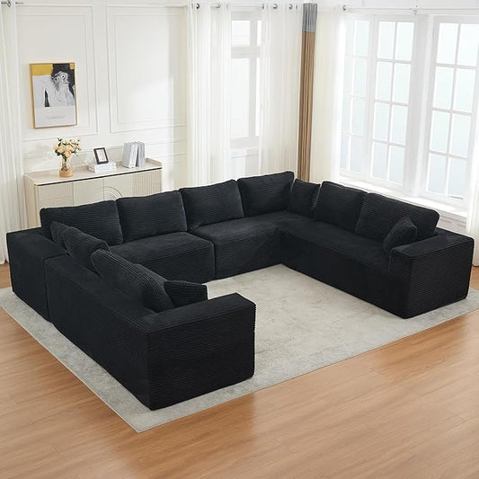 Modular Sectional Cloud Couch for Living Room,Modern Boneless Couche Set with Plush Corduroy,Comfy Floor Sofa with Memory Foam,Stupendous U Shaped Sofa,No Assembly Required,Black