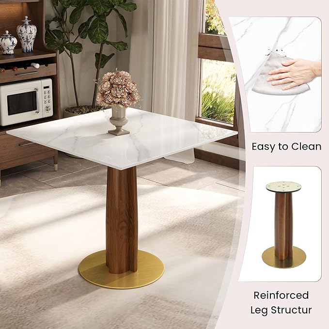 Sintered Stone Square Office Table and Chair Set - Meeting Table for Small Offices (Walnut‌ Leg and White Top, 1 Table and 2 Chairs)