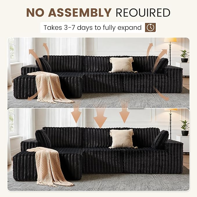 Apicizon 113" Modular Sectional Couch for Living Room, L Shaped Sectional Sofa Couch with Deep Seat, Boneless Sleeper Sofa with Chaise Longue for Apartment，No Assembly Required (Plush Corduroy Black)