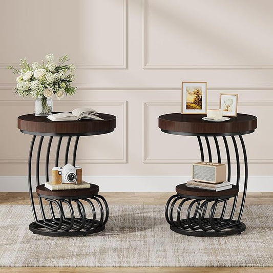 Tribesigns Round End Table Set of 2, 2-Tier Farmhose Wood Side Table with Shelf Storage, Small Sofa Side Bedside Nightstand, Accent Furniture for Living Room, Rustic Brown