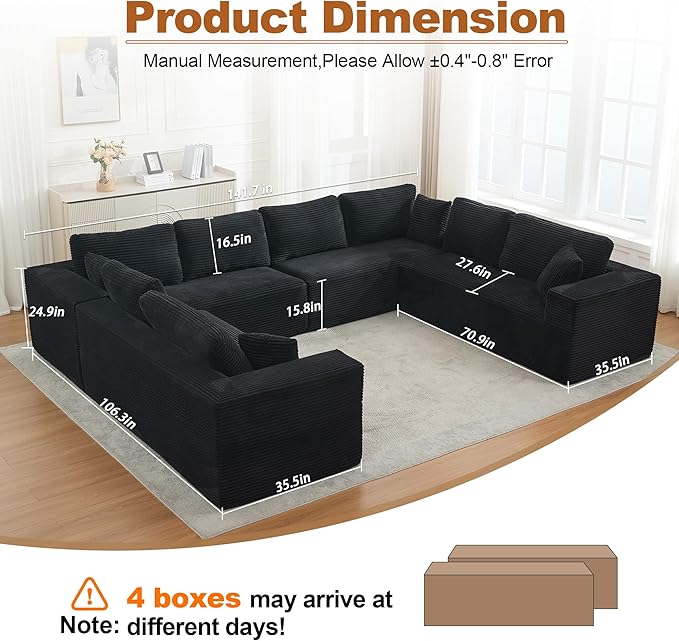 Modular Sectional Cloud Couch for Living Room,Modern Boneless Couche Set with Plush Corduroy,Comfy Floor Sofa with Memory Foam,Stupendous U Shaped Sofa,No Assembly Required,Black
