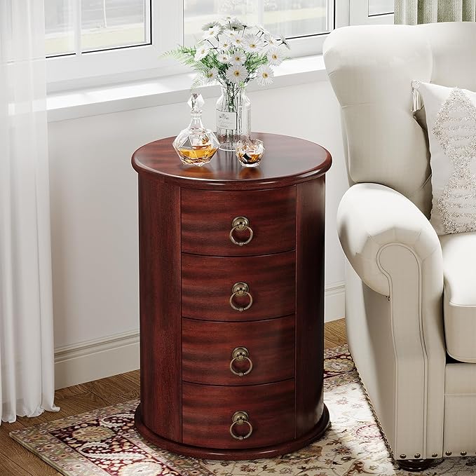 Tribesigns Solid Wood End Table, Round Side Table with 4 Drawers, Vintage Bedside Table Nightstand for Small Spaces, Living Room, Bedroom, No Assembly Required (2, Cherry Brown)