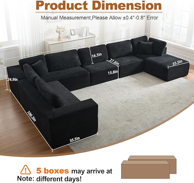 Modular Sectional Cloud Couch for Living Room,Modern Boneless Couche Set with Plush Corduroy,Comfy Floor Sofa with Memory Foam,Stupendous U Shaped Sofa with Chaise,No Assembly Required,Black
