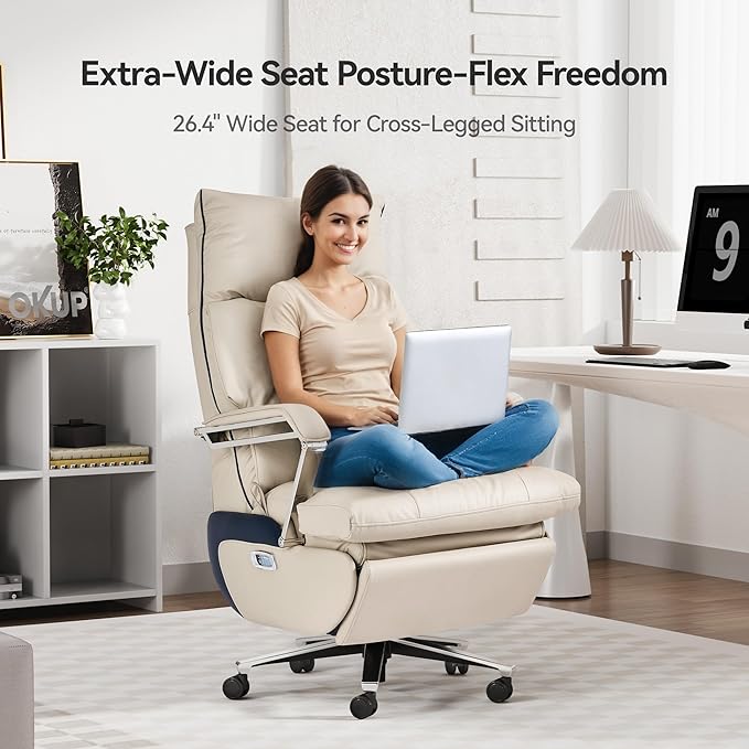 M80A Dual Motor Electric Executive Office Chair with Footrest, Comfortable Reclining Office Chair Wide Seat, Big and Tall Ergonomic Leather Home Office Desk Chair (Beige,Multi-Functionality)