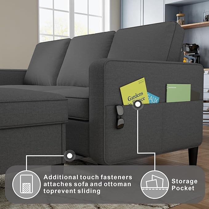 Sectional Sofa and Couches for Living Room, 78'' Dark Grey 3 Seat L-Shaped Couch with Movable Ottoman, Comfy Linen Convertible Sectionals Sofas with Chaise for Apartment, Office, Small Space
