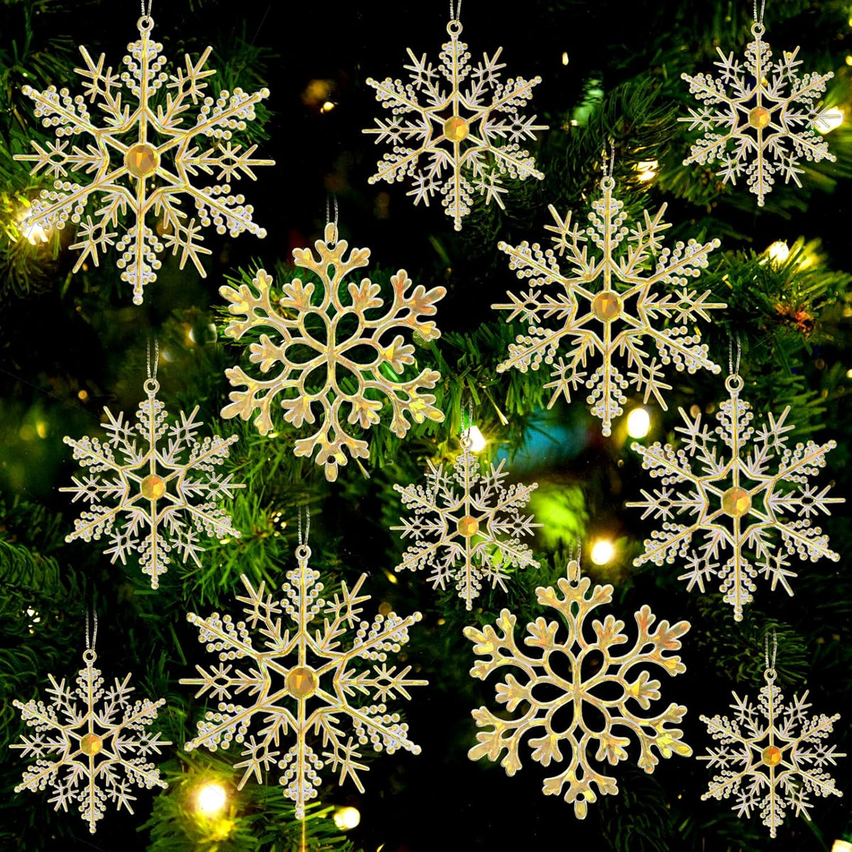 36pcs Gold Shine Christmas Snowflake Ornaments, Plastic Glitter Hanging Snow Flakes for Christmas Tree Decorations Winter Wonderland Frozen Birthday Party Holiday Home Decor