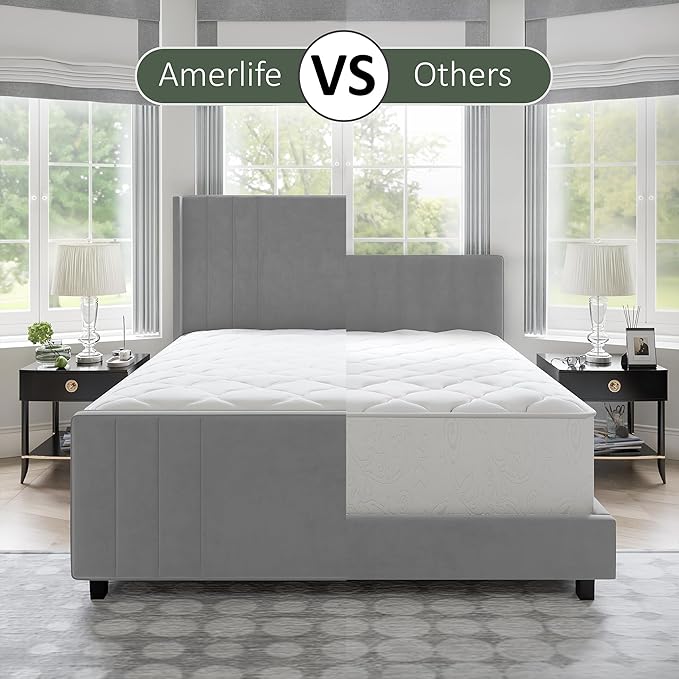 AMERLIFE Queen Size Bed Frame, Velvet Upholstered Platform Bed with Vertical Channel Tufted Headboard & Footboard/Wingback, Mattress Foundation with Wood Slats, No Box Spring Needed, Light Grey