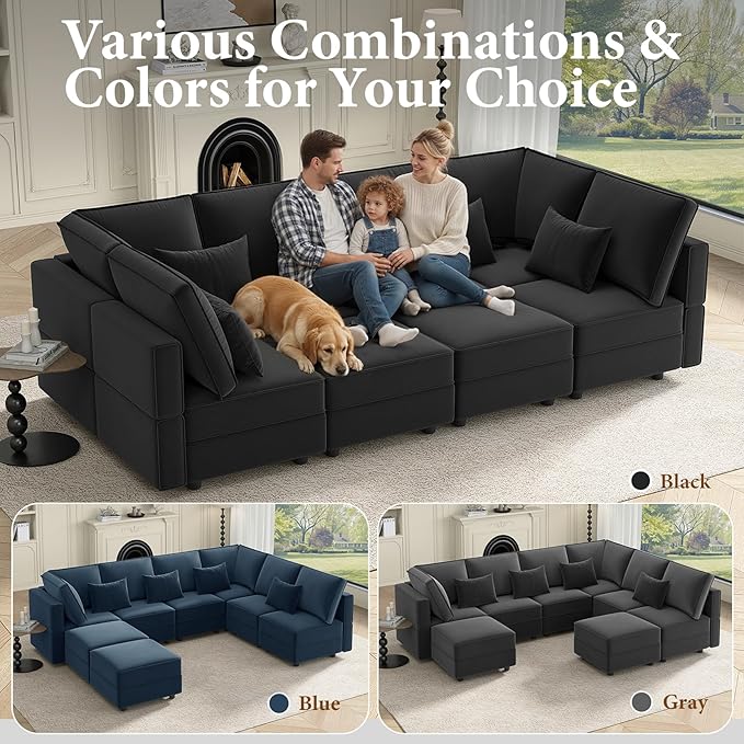 Vesgantti Sectional Sleeper Sofas with Storage, 118" Sofa Bed with 8 Seats Storage Chaises Removeble Cover, Deep Seat Modular Couches Velvet Couch Set for Living Room, Apartment, Home Theatre, Black