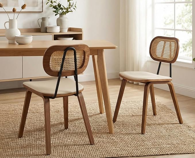 Mid-Century Dining Chairs Set of 4, PU Leather Kitchen Chairs with Rattan Backrest Wooden Legs Armless Design for Dining Room Living Room, Beige