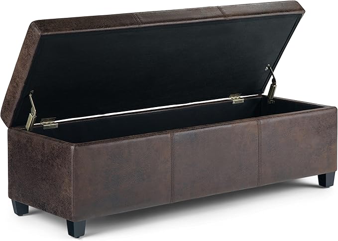 SIMPLIHOME Avalon Storage Ottoman Bench - 48 inch Wide Upholstered Vegan Leather Rectangular Lift-Top Ottoman in Distressed Brown, Contemporary Storage Bench for Living Room with High-Density Foam